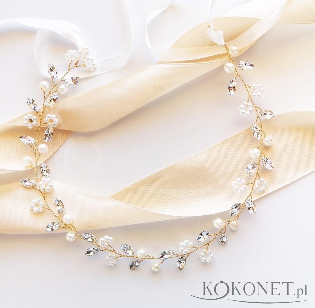 KOKONET WIANEK BIŻUTERYJNY złota ozdoba ślubna BOHO perły