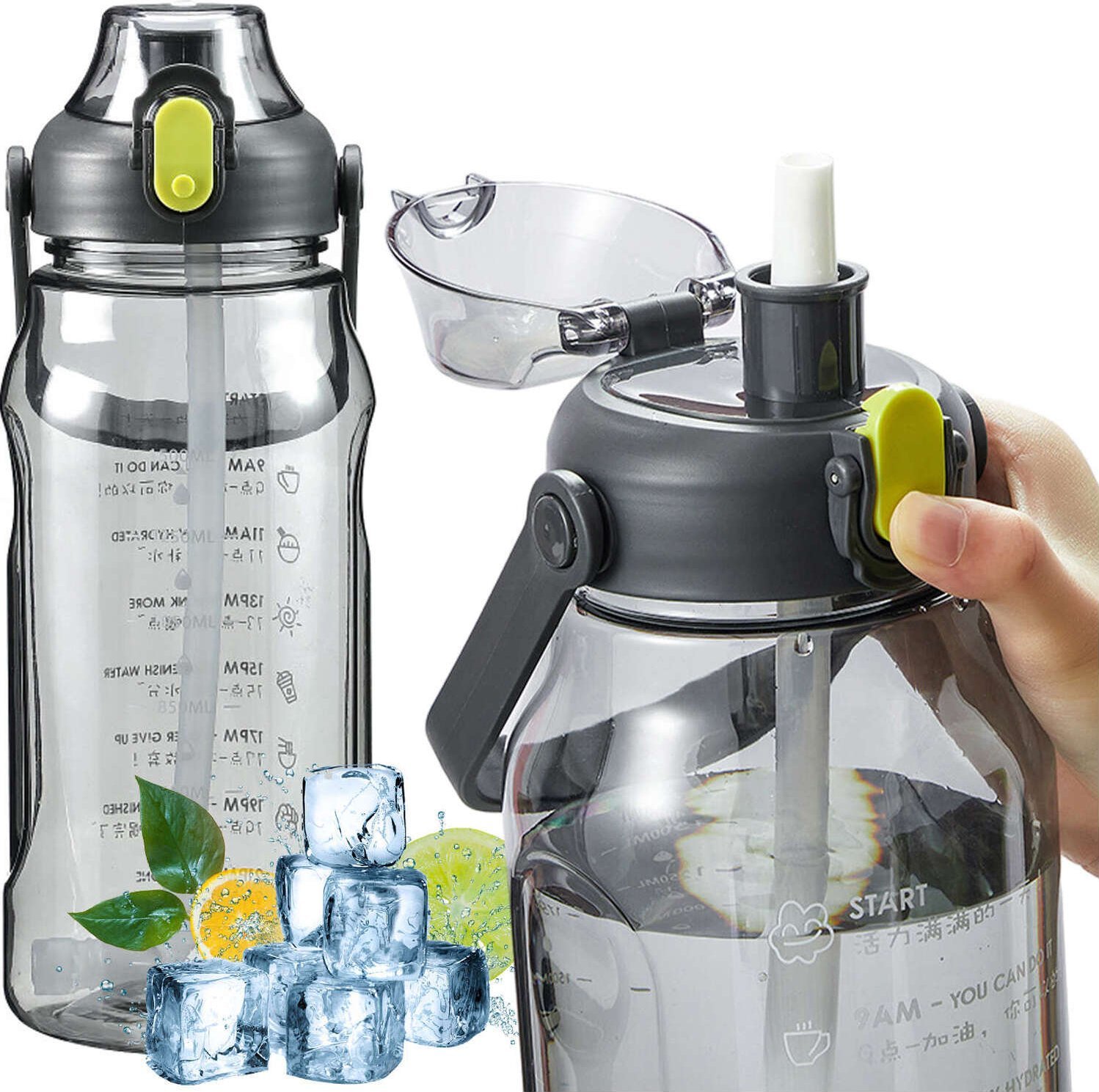 4kom.pl Butelka bidon ze słomką na wodę do picia 1,5l motywacyjna z przypomnieniem z miarką motywacyjną z uchwytem Czarna