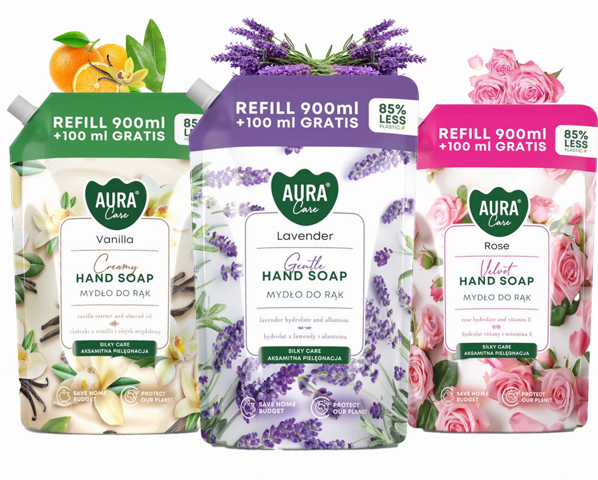 Zestaw 3x1000 ml AURA Care Mydło Do Rąk Uzupełniające Lawenda Róża Wanilia