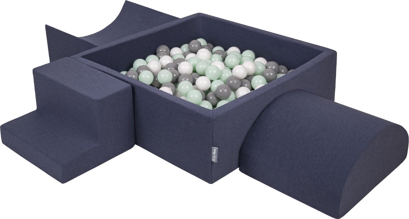 KiddyMoon KiddyMoon Piankowy plac zabaw PPZP-KW30D-134 z piłeczkami granatowy: biały-szary-mięta basen 200/rampa L/półwałek L/schodek Zabawka plac zab