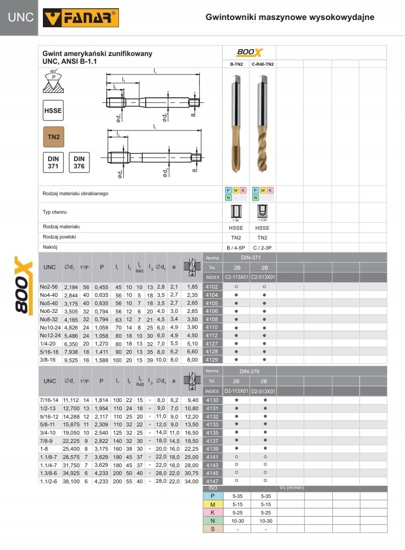 Fanar GWINTOWNIK UNC 1/2-13 DIN-376B (2B) HSSE TN 800X