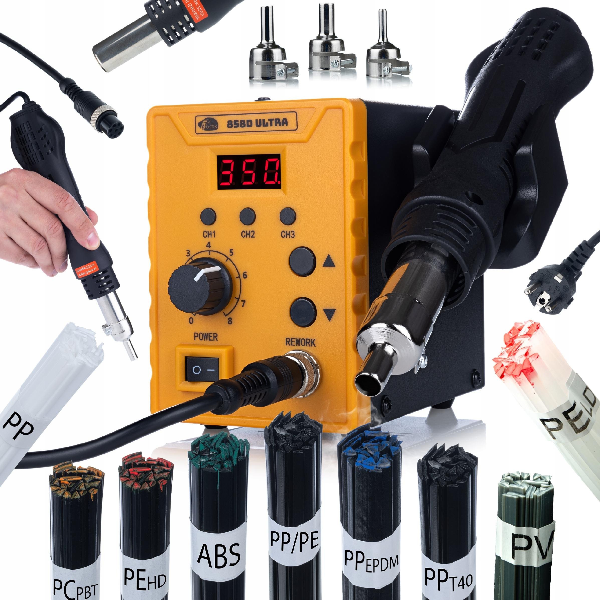 STACJA LUTOWNICZA ROSFIX 858D ULTRA 700W + 9 SPOIW DO SPAWANIA PLASTIKU MIX