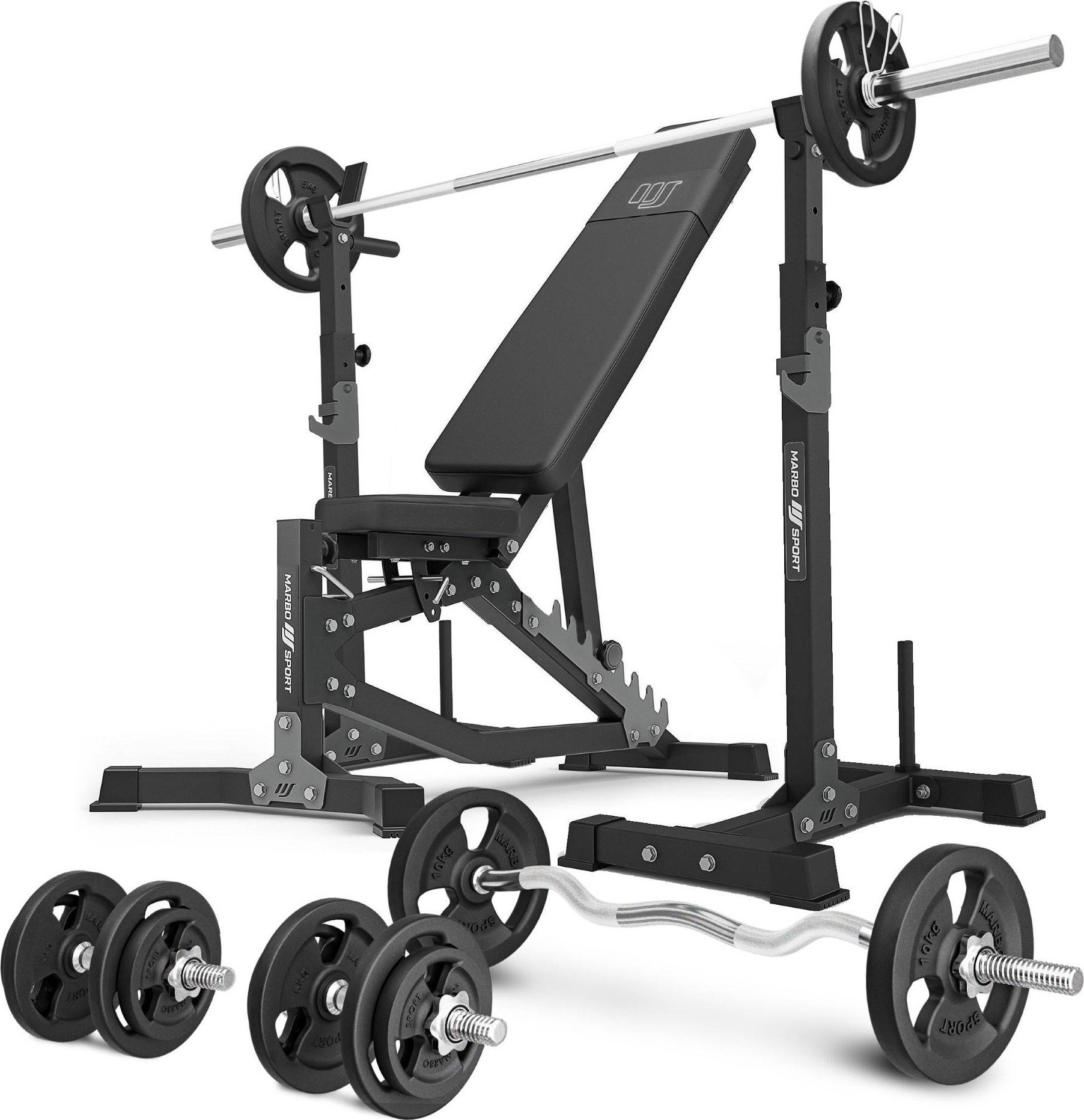 Zestaw MS30_2.0_83KG | Dwustronnie regulowana ławka treningowa + wielopoziomowe stojaki (2 sztuki) pod sztangę z asekuracją + zestaw gryfów i obciąże