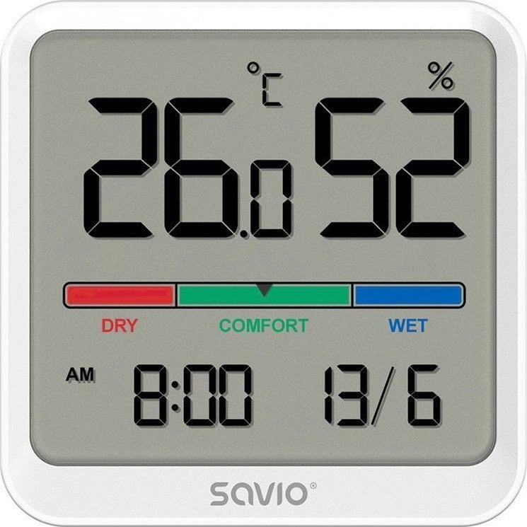 Savio Czujnik temperatury i wilgotności SAVIO CT-01/W, ekran LCD, do użytku wewnętrznego, zegar, data