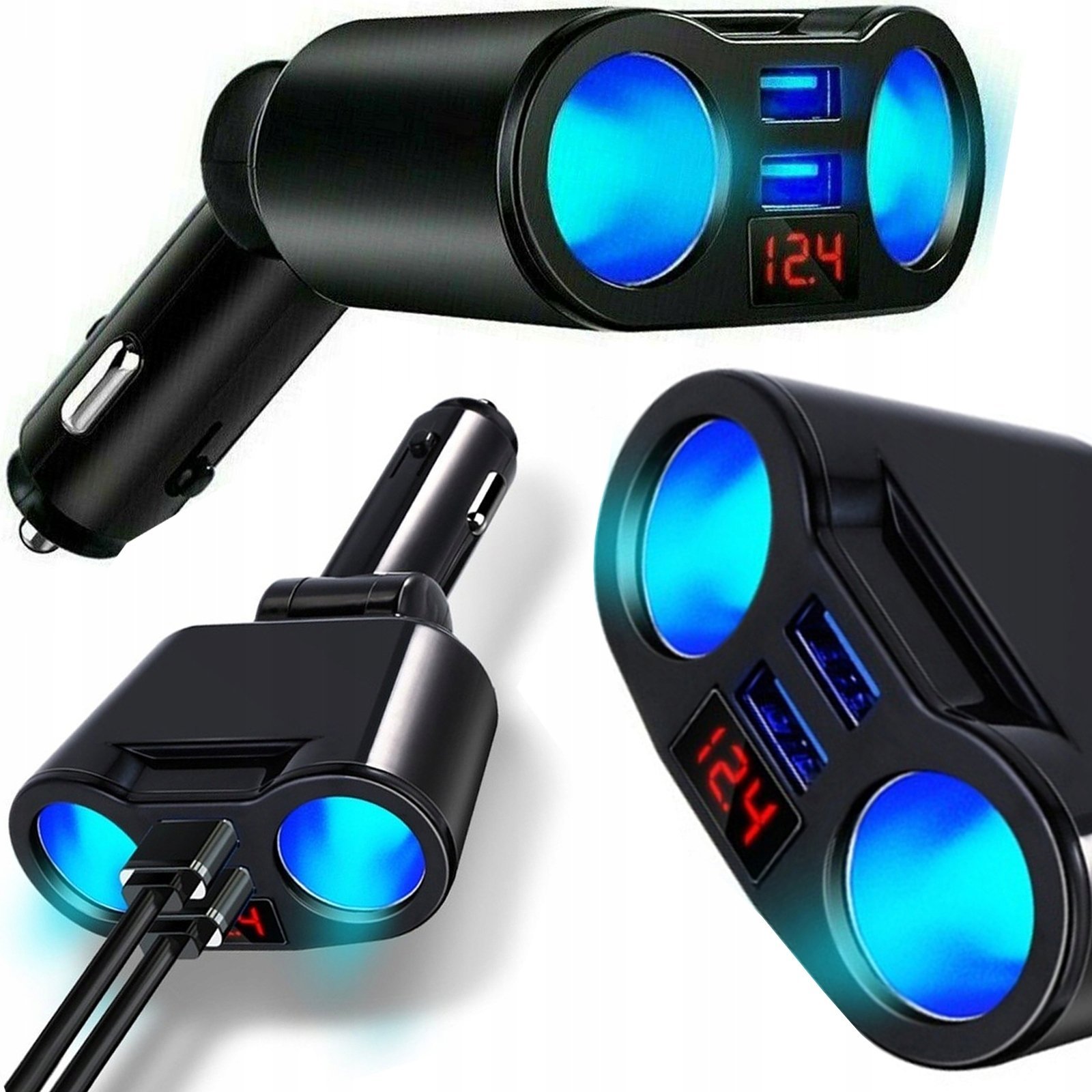 Rozdzielacz Gniazda Zapalniczki, 2 USB, Voltomierz