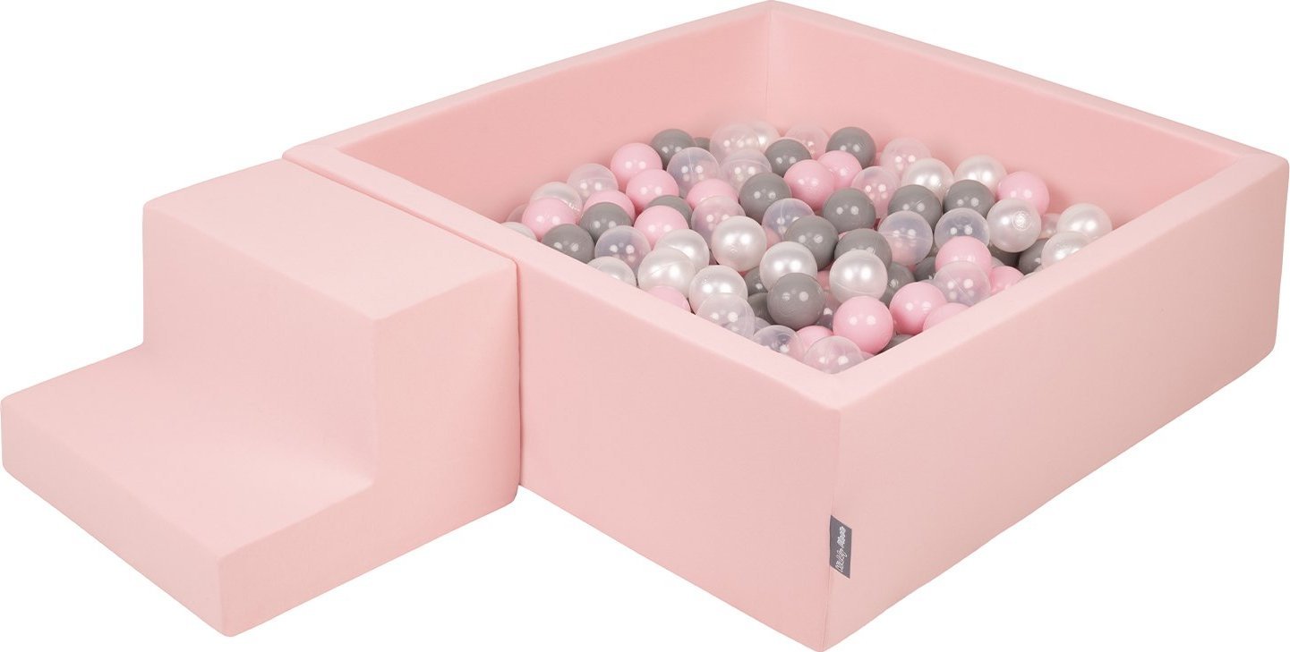 KiddyMoon Piankowy plac zabaw PPZP-KW30D-122 z piłeczkami różowy: perła-szary-transparent-pudrowy róż basen 200/schodek Zabawka plac zabaw