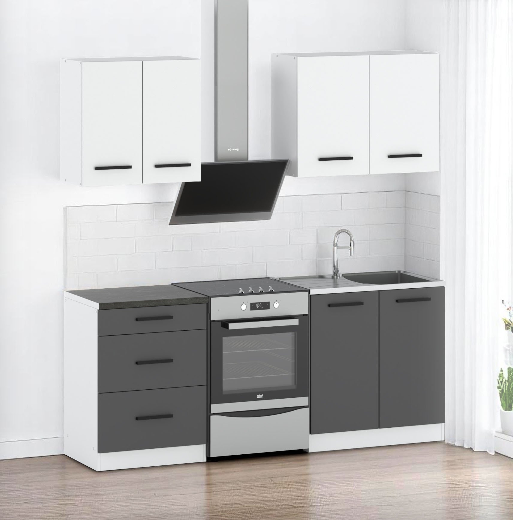 Meble Kuchenne Biało Szare Mat Nowoczesne Zestaw Kuchenny Mini Mokka 2.0m