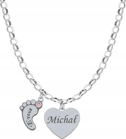Radziszewska Jewellery Naszyjnik Srebrny Serce Stópka Imię Dziecka 925 DZIEŃ MATKI GRAWER GRATIS