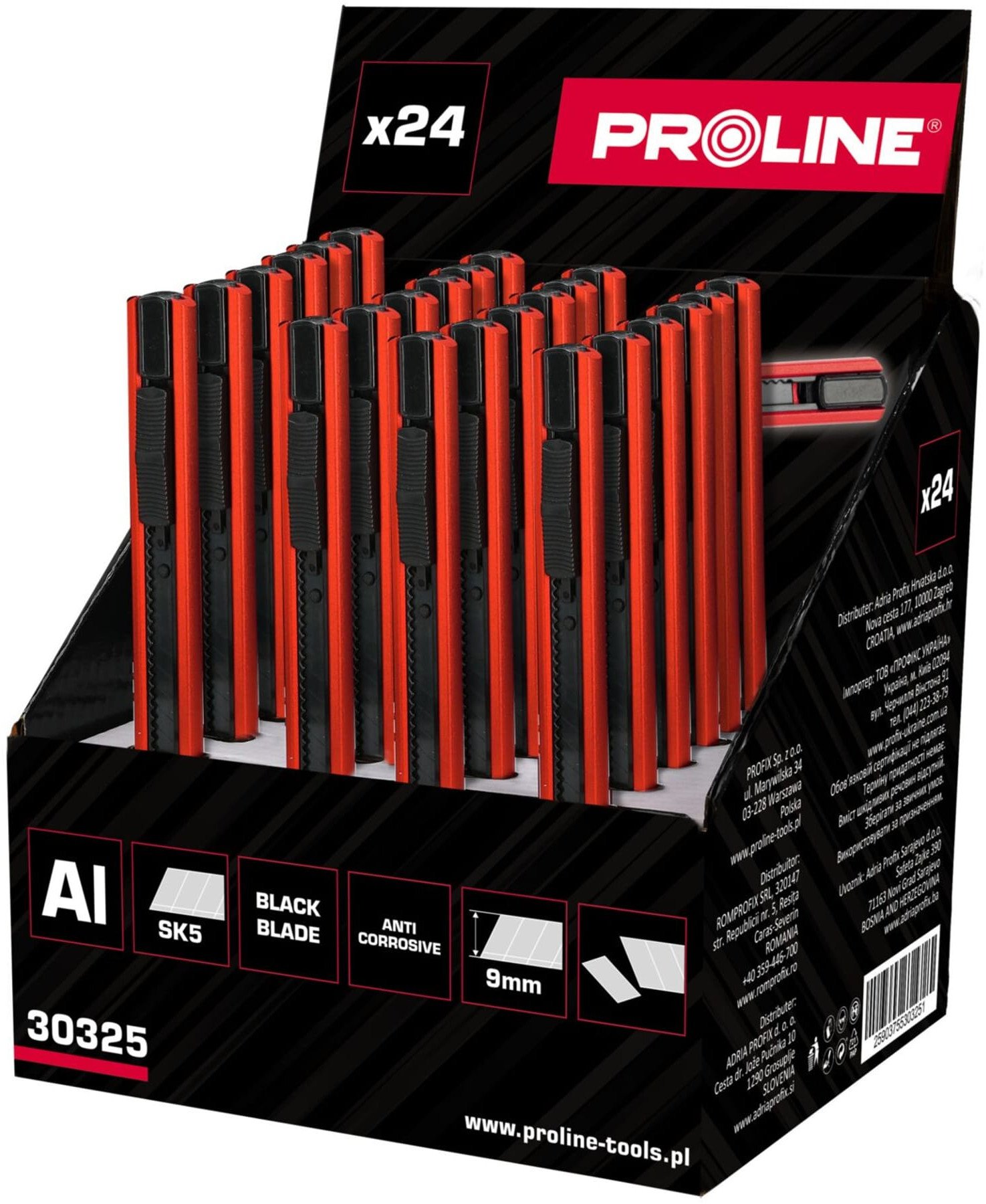 NOŻYK,OSTRZE ŁAMANE 9MM,SK5 CZARNE, ALU,DISPLAY,PROLINE