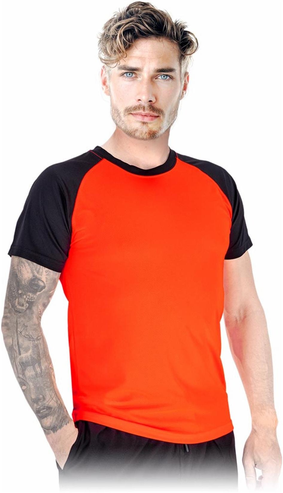 TS-BILBAO - T-shirt z siateczk doskonała wentylacja widoczność męski dzianina 100% poliester 130-135 g/m2 okrągły dekol - pomarańczowo-czarny M