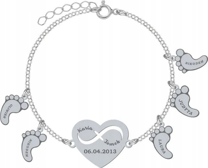 MEJK Jewellery Bransoletka Srebrna Serce z Grawerem Stópki Dzień Mamy Imię Dziecka Prezent