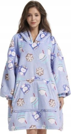Bluza pluszowa z kapturem comfy koc oversize ciepła pingwin śnieżynka zima