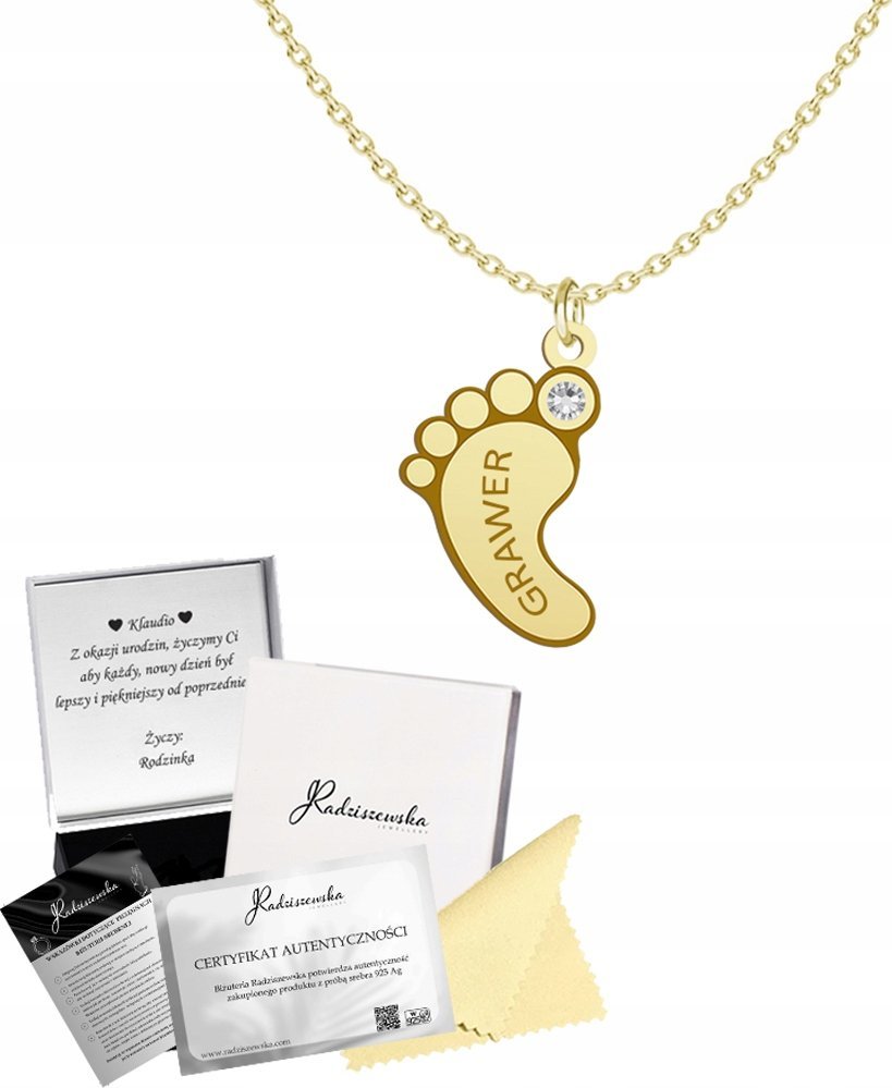 Radziszewska Jewellery Złoty Naszyjnik STÓPKA Imię Dziecka SREBRO 925 Kryształ GRAWER Prezent