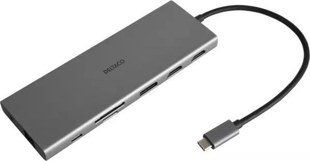 HUB USB Deltaco 12-in-1 USB-C jungčių stotelė DELTACO, Triple display, 4K UHD 60 Hz, PD 85 W, silver / USBC-HDMI27 / 1902422
