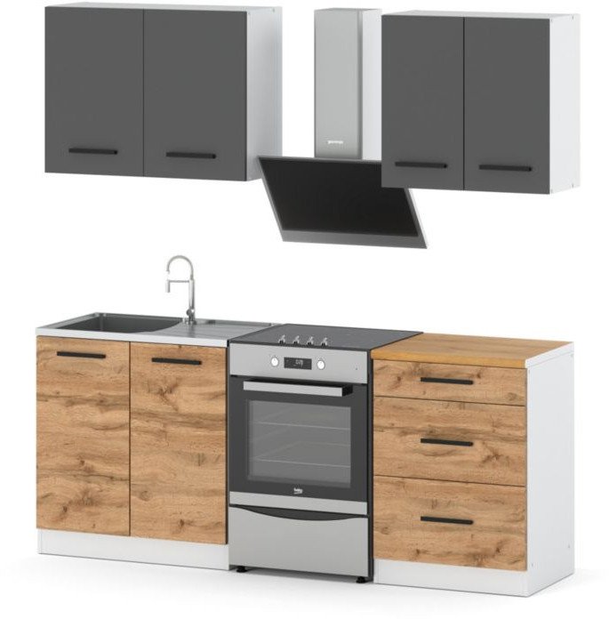 Meble Kuchenne Mini Mokka 2.0m Szare Z Drewnem Nowoczesne Modułowe Wotan