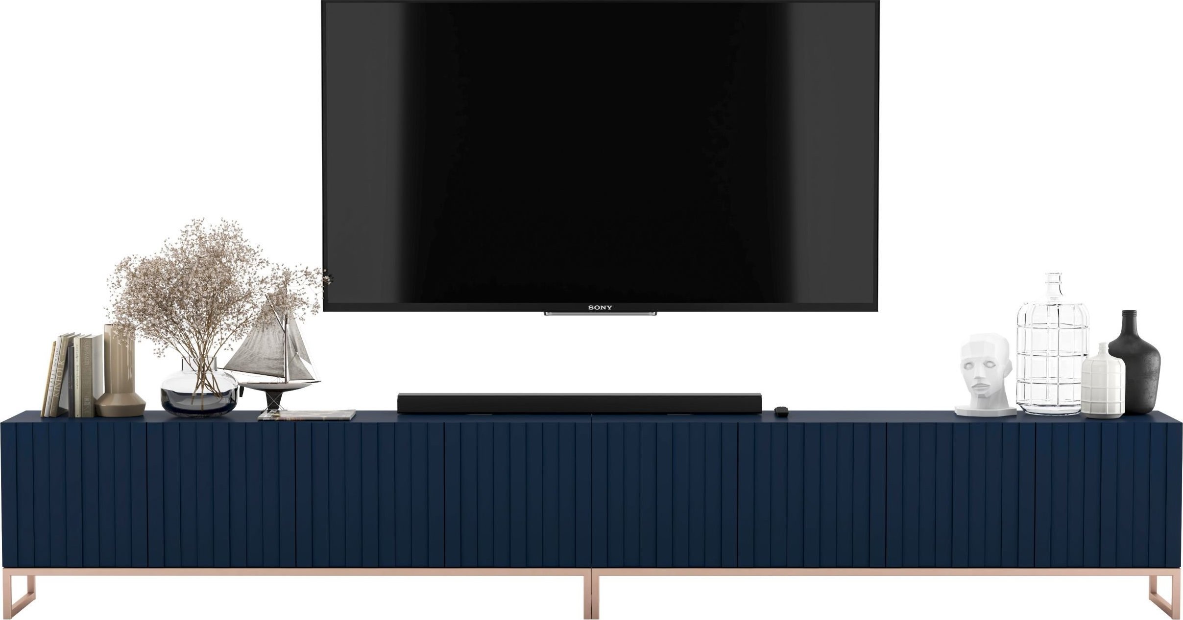 Meble Lindner Szafka RTV Glamour Komoda RTV Meble Lindner Granatowy Mat Ryflowane Fronty 300 cm