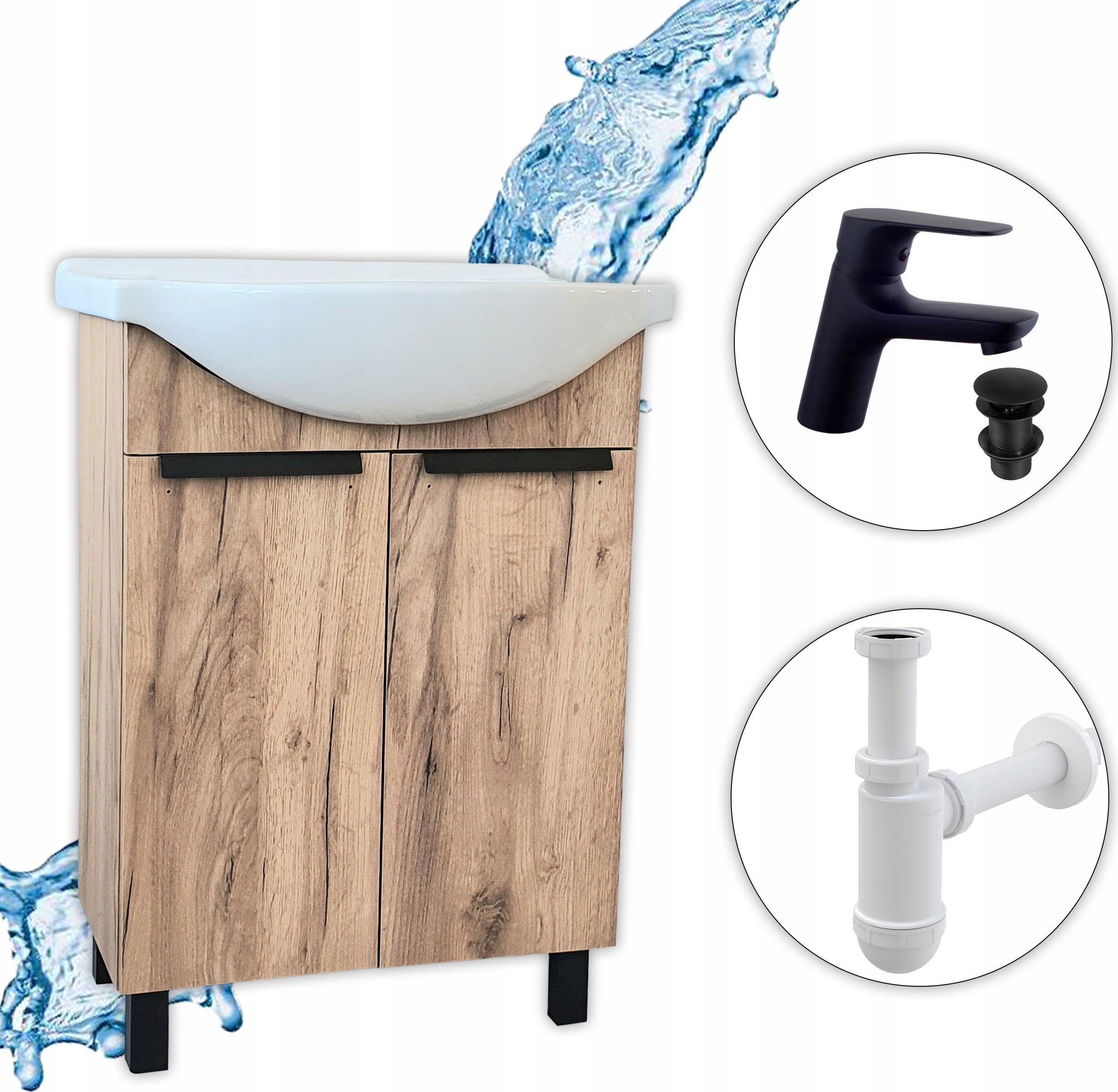 Stamar Szafka Łazienkowa Stojąca Dąb Złoty z Umywalką 60 Bateria Klik Klak i Syfon