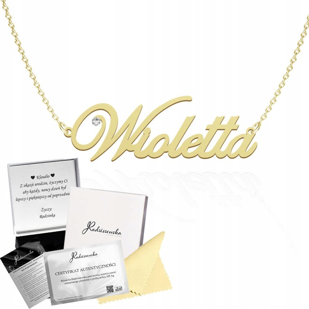 Radziszewska Jewellery Złoty Naszyjnik z Imieniem Wioletta SREBRO 925 Prezent DEDYKACJA GRATIS