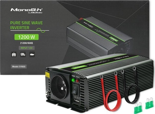 Przetwornica Qoltec Przetwornica napięcia Monolith | 600W | 1200W | 12V na 230V | Czysty Sinus