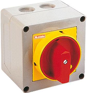 Lovato Electric Łącznik krzywkowy 0-1 3P 16A do wbudowania z pokrętłem żółto/czerwonym blokowany kłódką (GX1610P25)