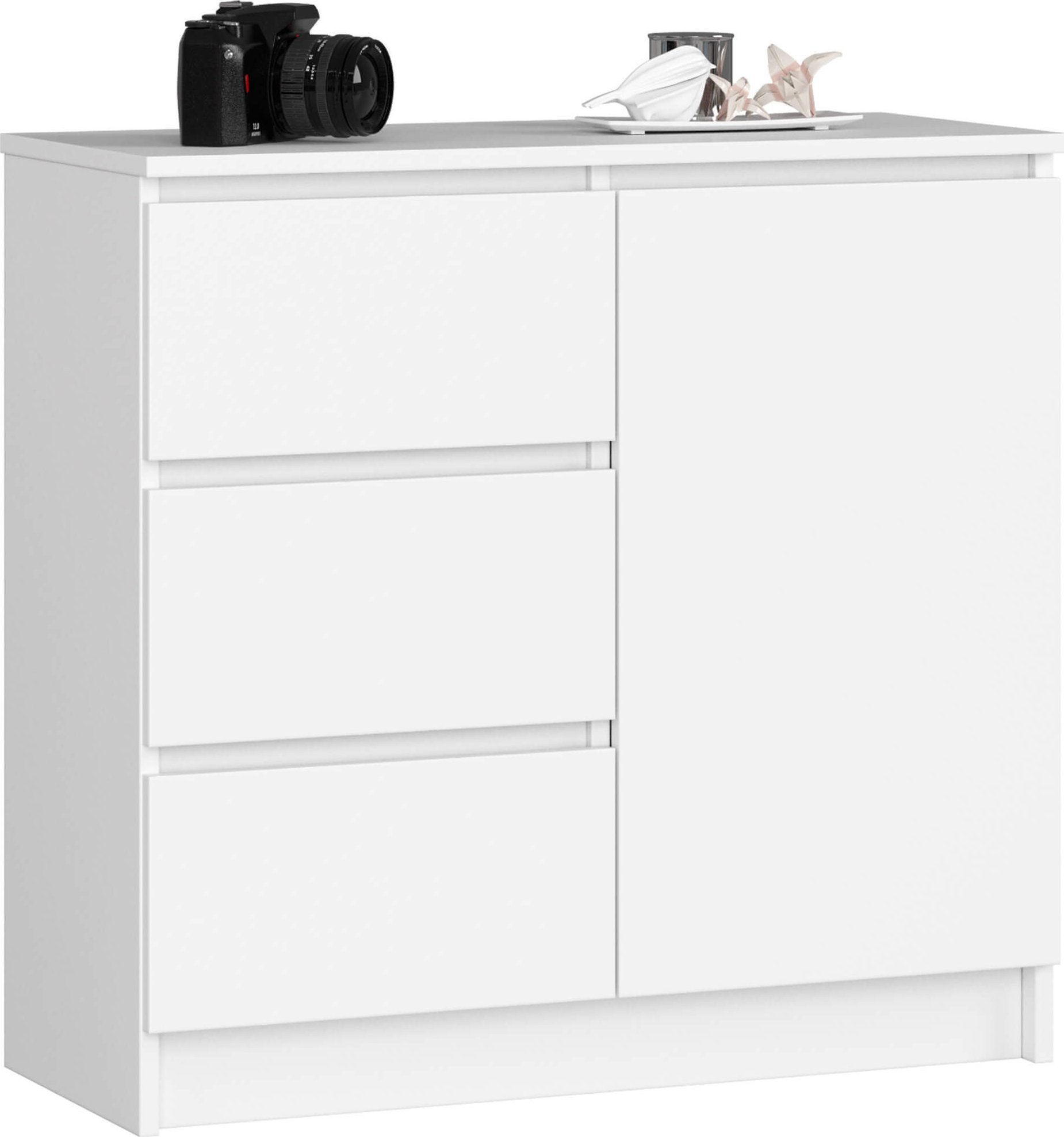 Fabryka Mebli Akord Komoda bezuchwytowa JERRY 80 cm nowoczesna 1 drzwi 3 szuflady 2 półki - biała