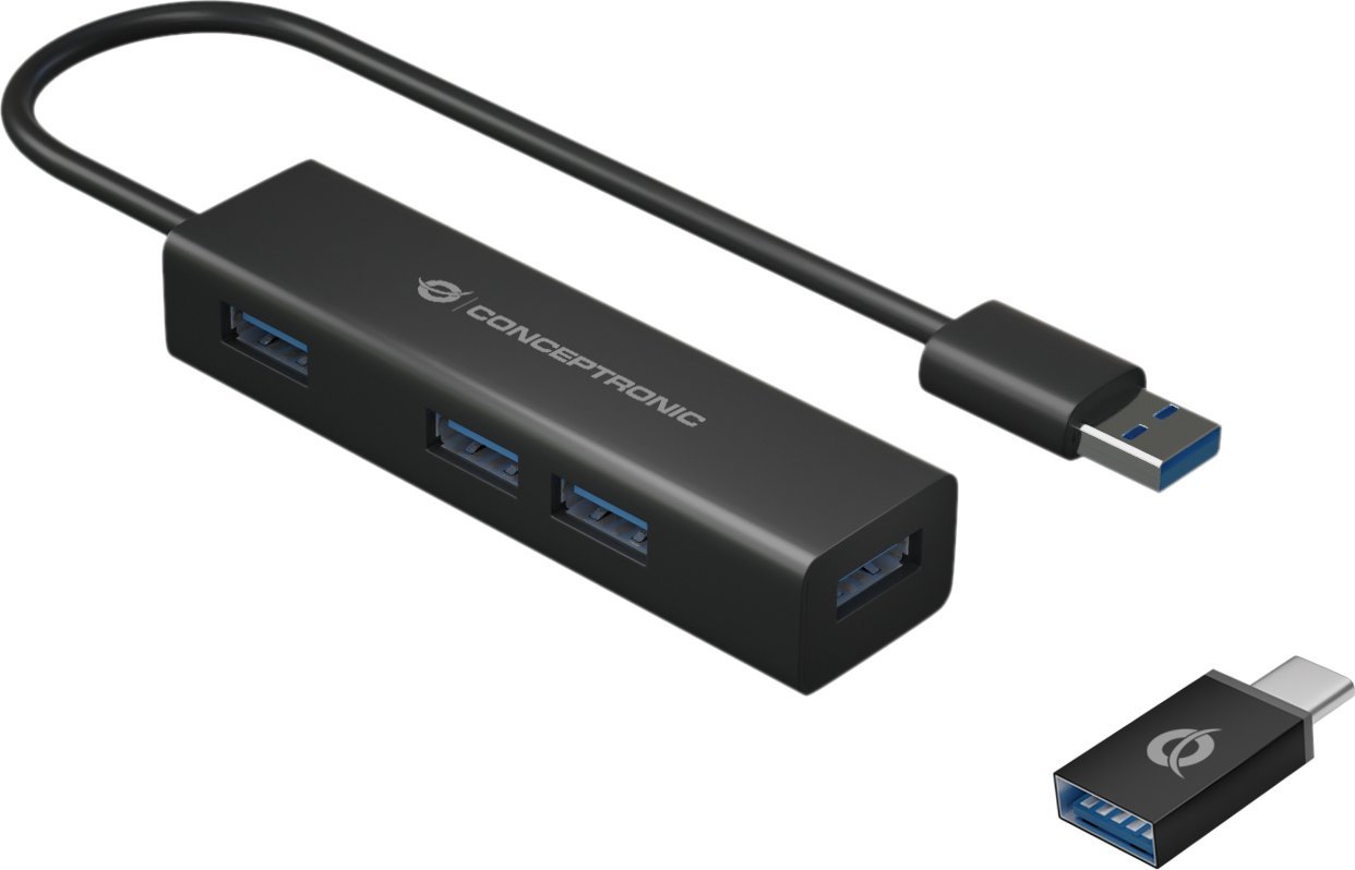 HUB USB Conceptronic CONCEPTRONIC USB-Hub 4-Port 3.0 ->4x3.0 +TypC A o.Netzt. sw