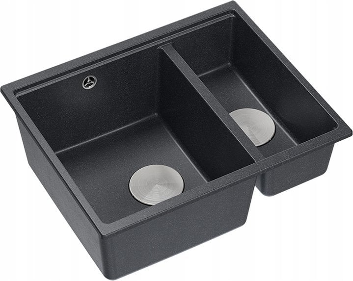 Zlewozmywak GraniteQ QUADRON | LOGAN 150 | granitowy zlewozmywak kuchenny CZARNY + STAL | wymiary: 56 x 46 x 22 cm | 1,5-komorowy wpuszczany | podbudo