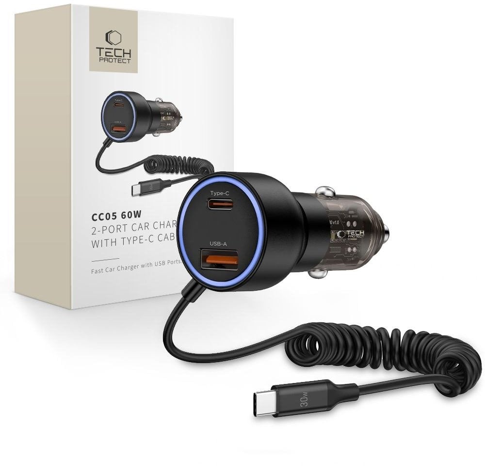 TECH-PROTECT CC05 2-PORT CAR CHARGER PD60W + CABLE BLACK