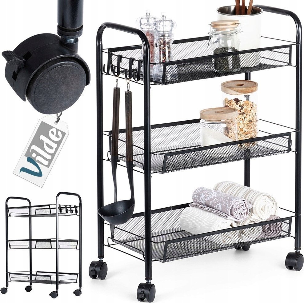 Vilde Półka Regał na Kółkach 3-Poziomowa Metalowa Czarna VILDE 44 x 26 x 63 cm