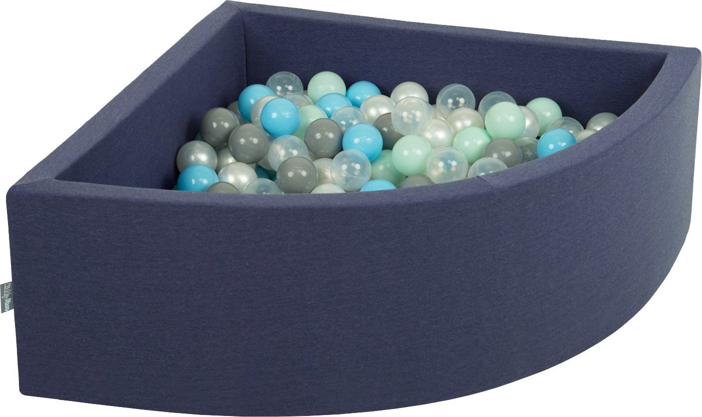 KiddyMoon KiddyMoon Suchy basen trójkątny z piłeczkami 7cm granatowy: perła-szary-transparent-babyblue-mięta 90x30cm/300piłek Zabawka basen piankowy