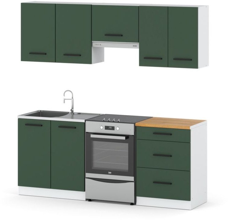 Meble Kuchenne Modułowe Z Blatem Mini Mokka 2.0m Białe Butelkowa Zieleń