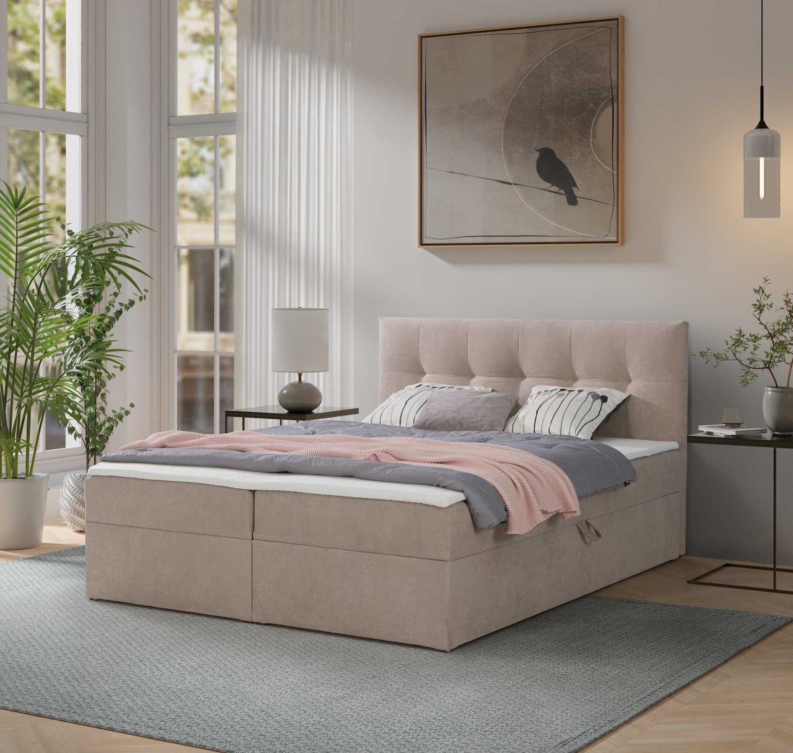 Łóżko kontynentalne Toronto 160200 (Gerra 15 - Jasny beż) z materacem bonell i topperem