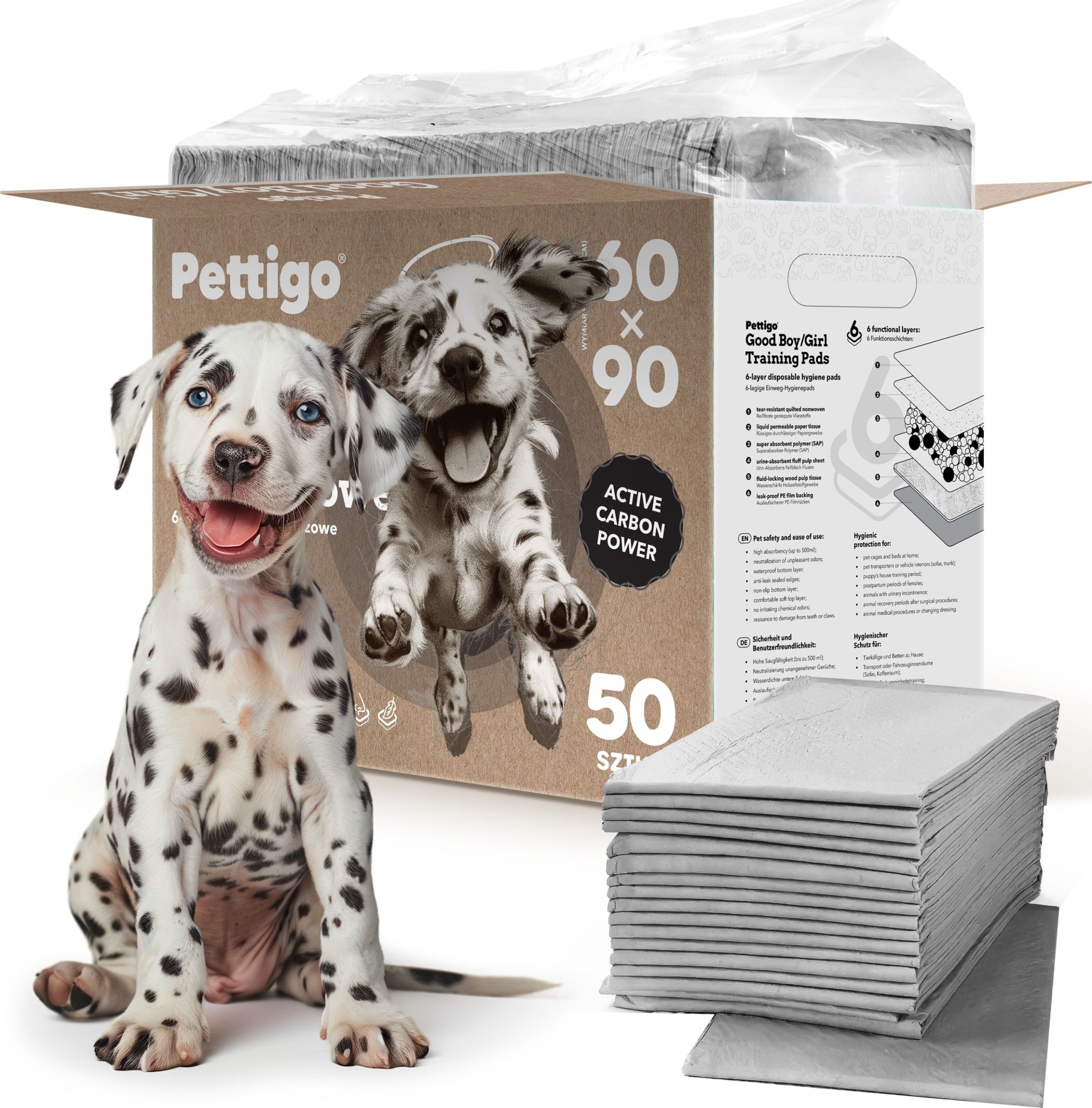 Pettigo PODKŁADY HIGIENICZNE 60x90 CARBON dla PSA NAUKA SIKANIA - 50 szt