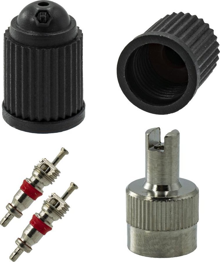 Zaworki wentyla samochodowego AV (Schrader) 2 szt. z kapturkami i kluczem do zaworków.