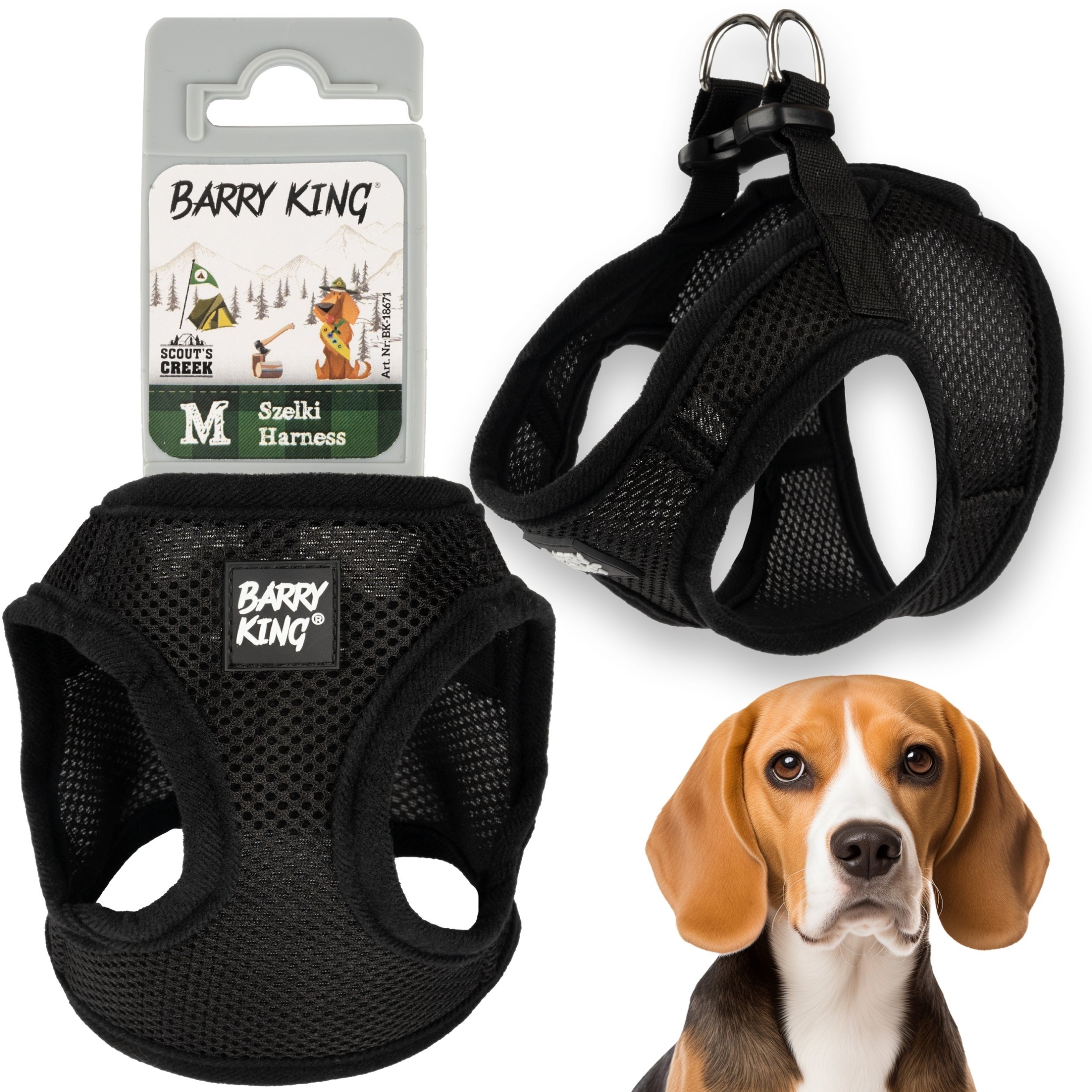 Barry King Szelki dla psa czarne bezuciskowe M ob.klatki 37cm/dł.klatki 17cm