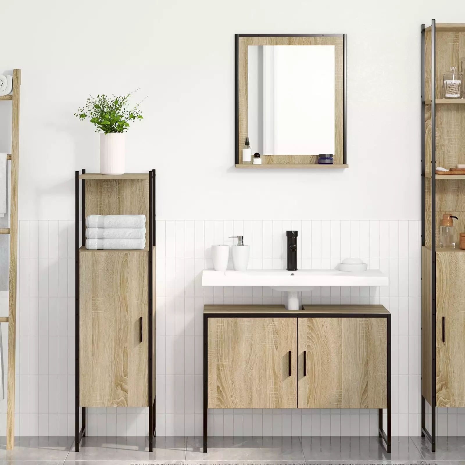 Zestaw mebli łazienkowych vidaXL 3 częściowy z drewna inżynieryjnego w jasnym dębie, Lustro łazienkowe vidaXL z półką jasny dąb 50x12x60 cm z drewna i