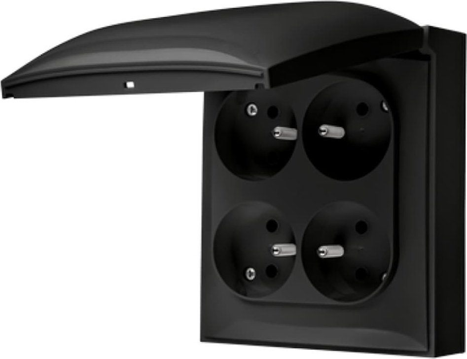 Kontakt-Simon Simon Aquaclick Gniazdo IP44, 4-krotne z uziem., szybkozłącza, klapka w kolorze, czarny ACGZ4C/49