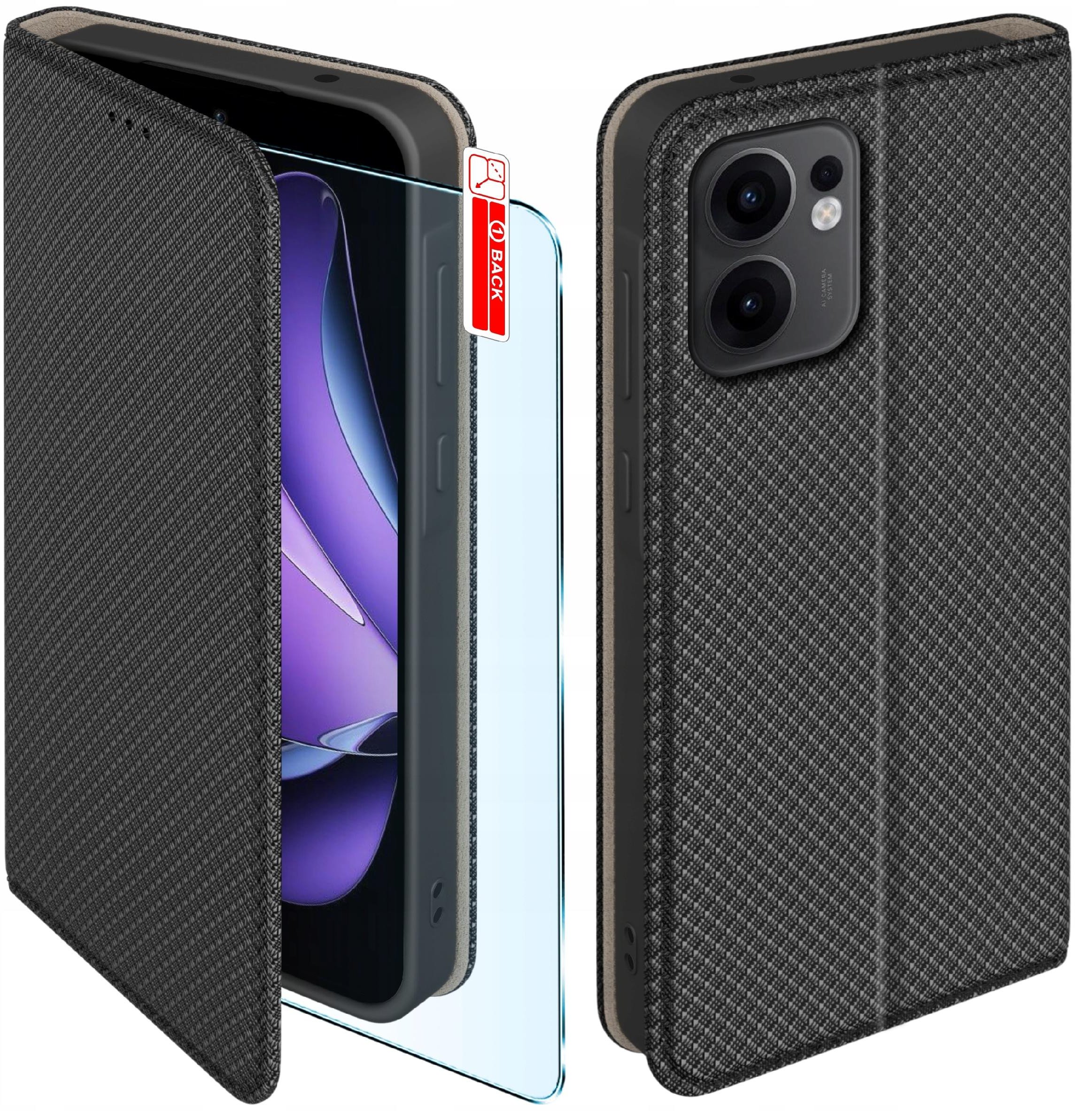 Etui z klapką do Oppo Reno 13 FS 5G| F 5G Zamykane Czarne Futerał +Szkło 9H