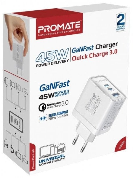 Promate PowerPort-45 GaNFast™ Wall Charger 45W / QC3.0 / PD45W