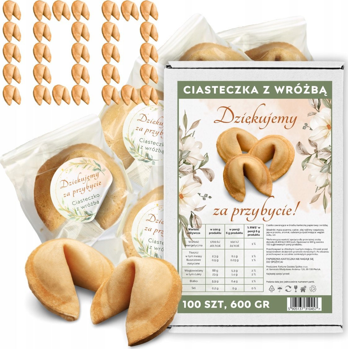 MagiaCiast Chińskie Ciasteczko Szczęścia z Wróżbą Podziękowanie za Przybycie 100 szt