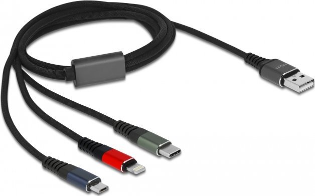 Kabel USB Delock USB-A - USB-C + microUSB + Lightning 1 m Czarny (87277)
