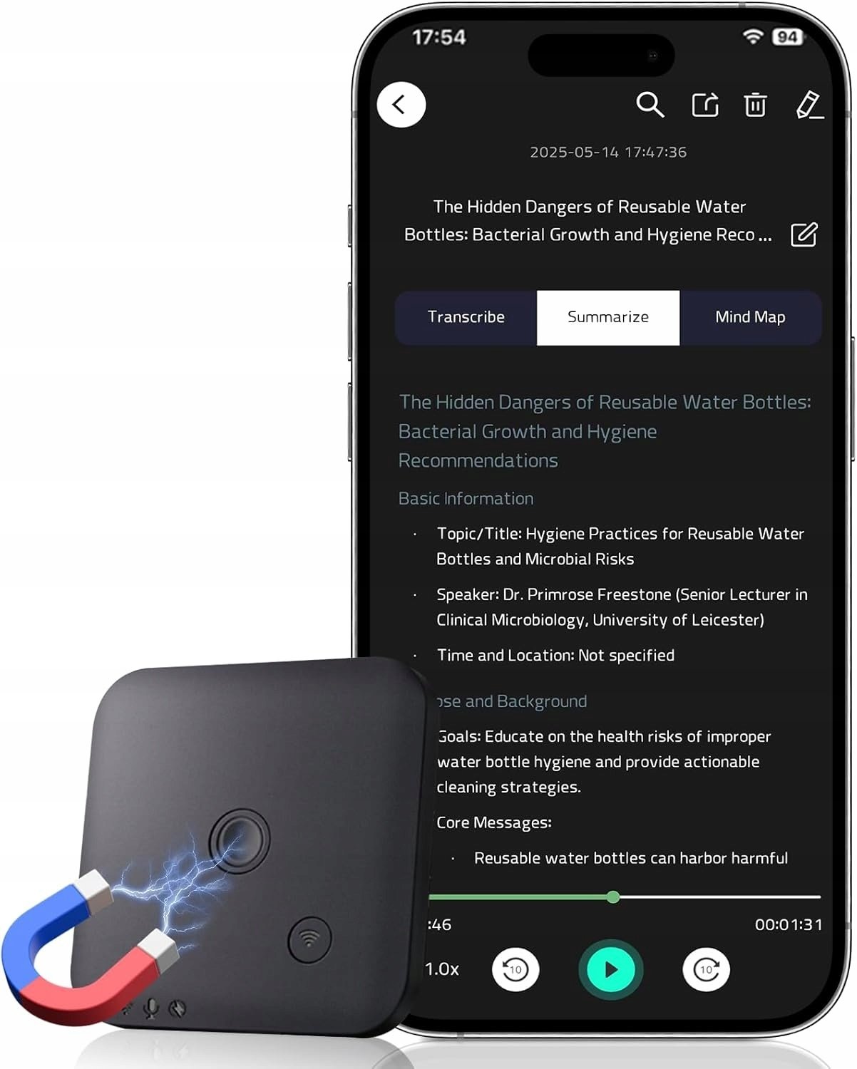 Dittybuy CR1 Dyktafon AI 64GB Transkrypcja ChatGPT 102 Języki bluetooth USB