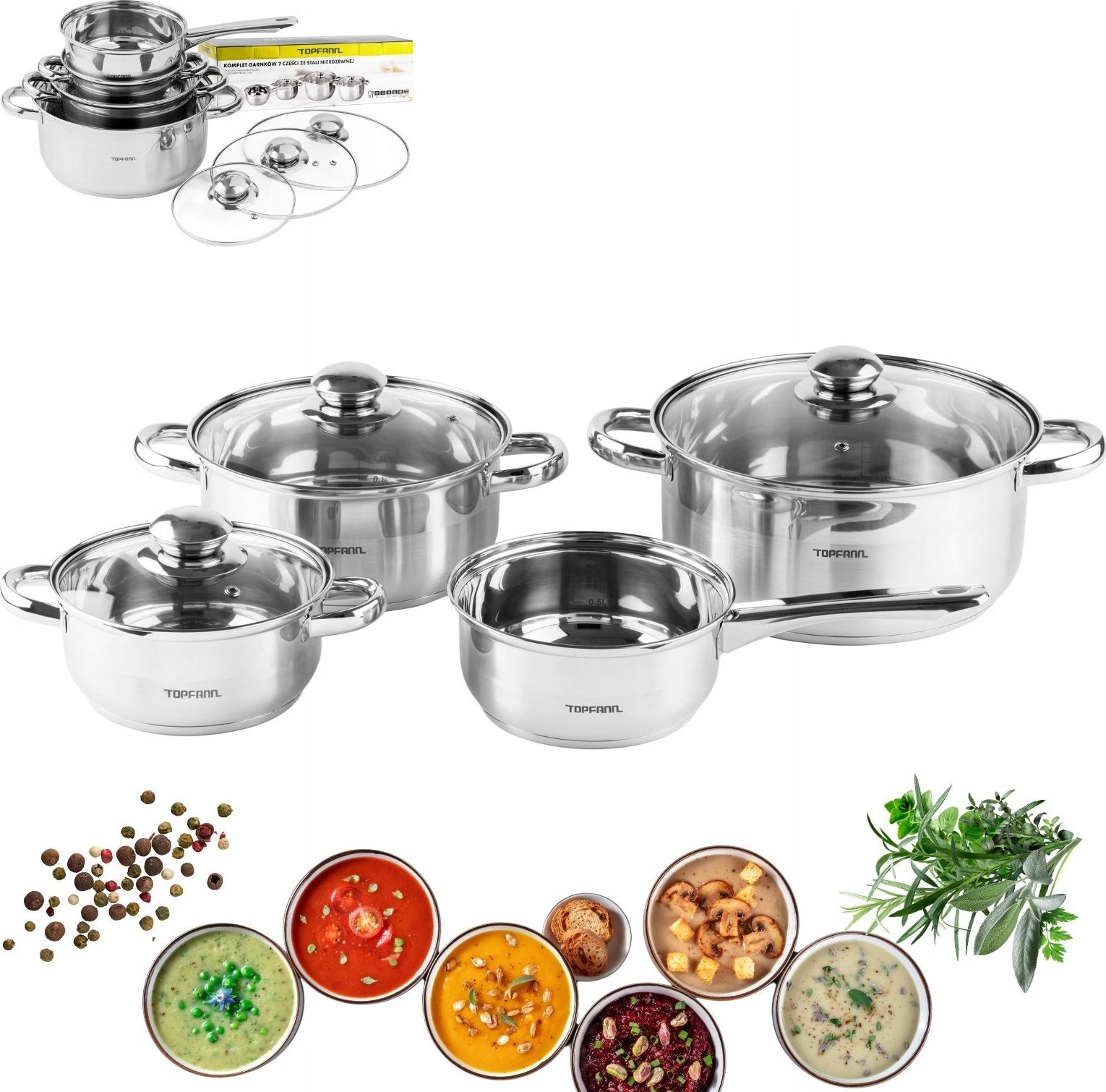 Topfann ZESTAW GARNKÓW 7 EL STAL NIERDZEWNA KOMPLET GARNKI TOPFANN GAZ INDUKCJA