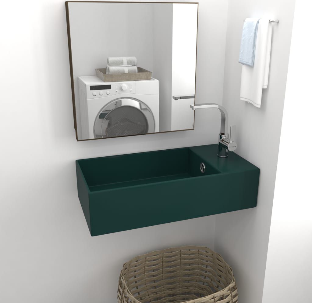 Umywalka vidaXL Ścienna umywalka z otworem przelewowym ceramika ciemna zieleń
