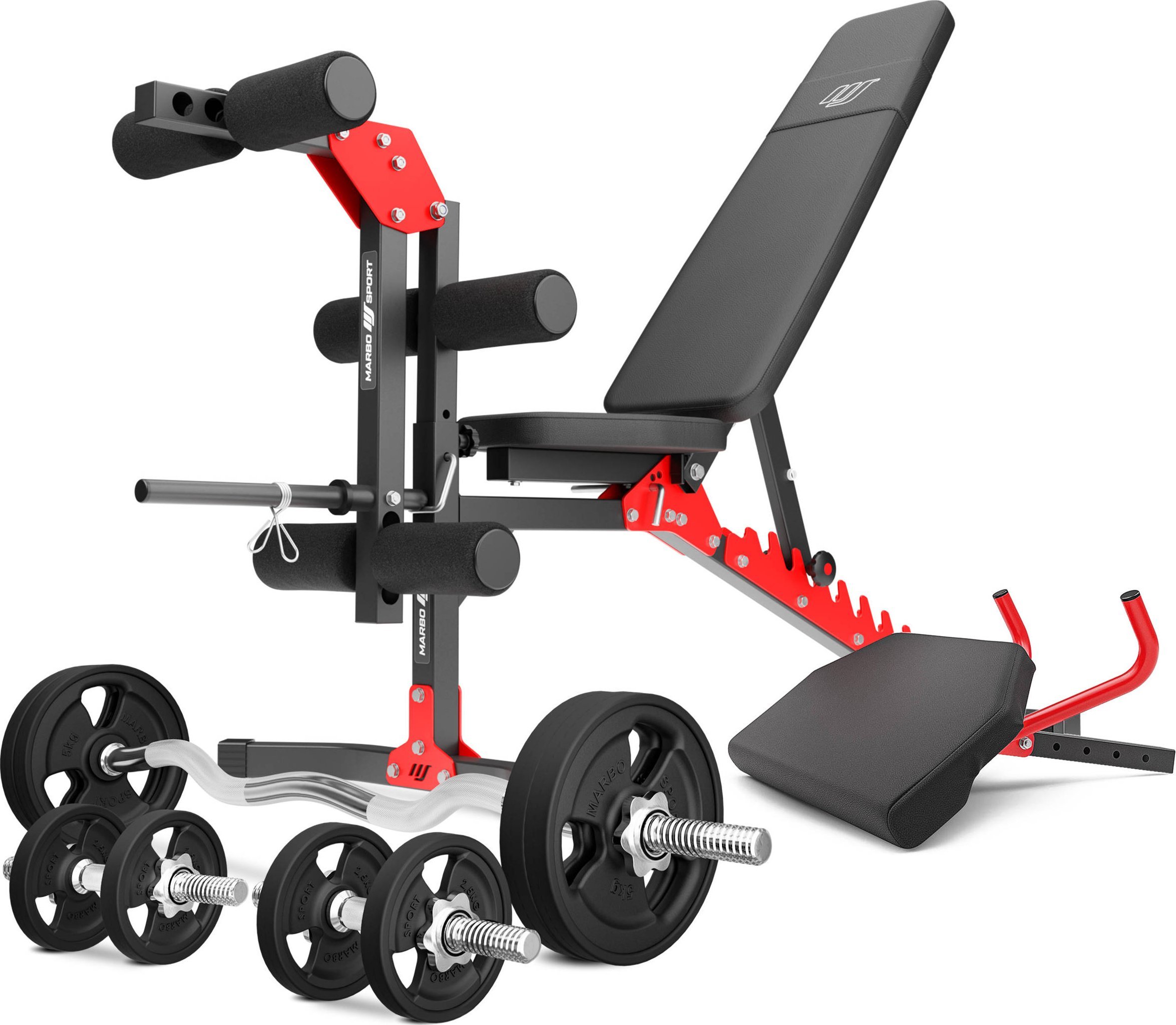 Zestaw MH1_68KG_KIER_G | Ławka regulowana + prasa na nogi + modlitewnik (wsuwka) + zestaw gryfów i obciążeń gumowanych 42 kg - Marbo Sport