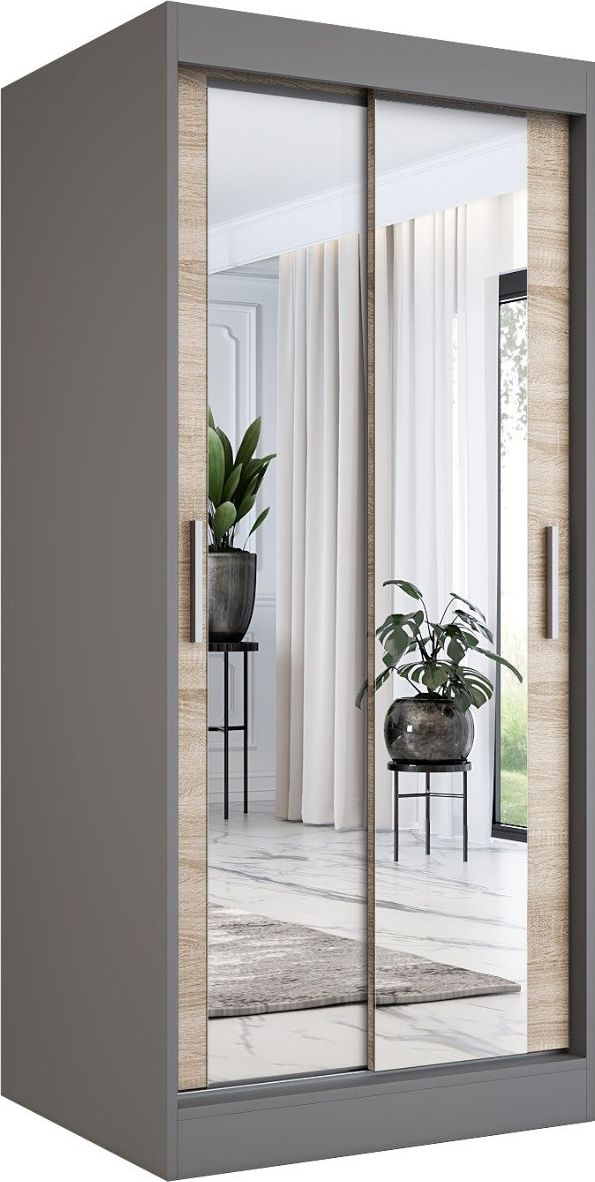 MKPOL Szafa przesuwna MODUO COMFORT 90 antracyt/dąb sonoma z dwoma lustrami