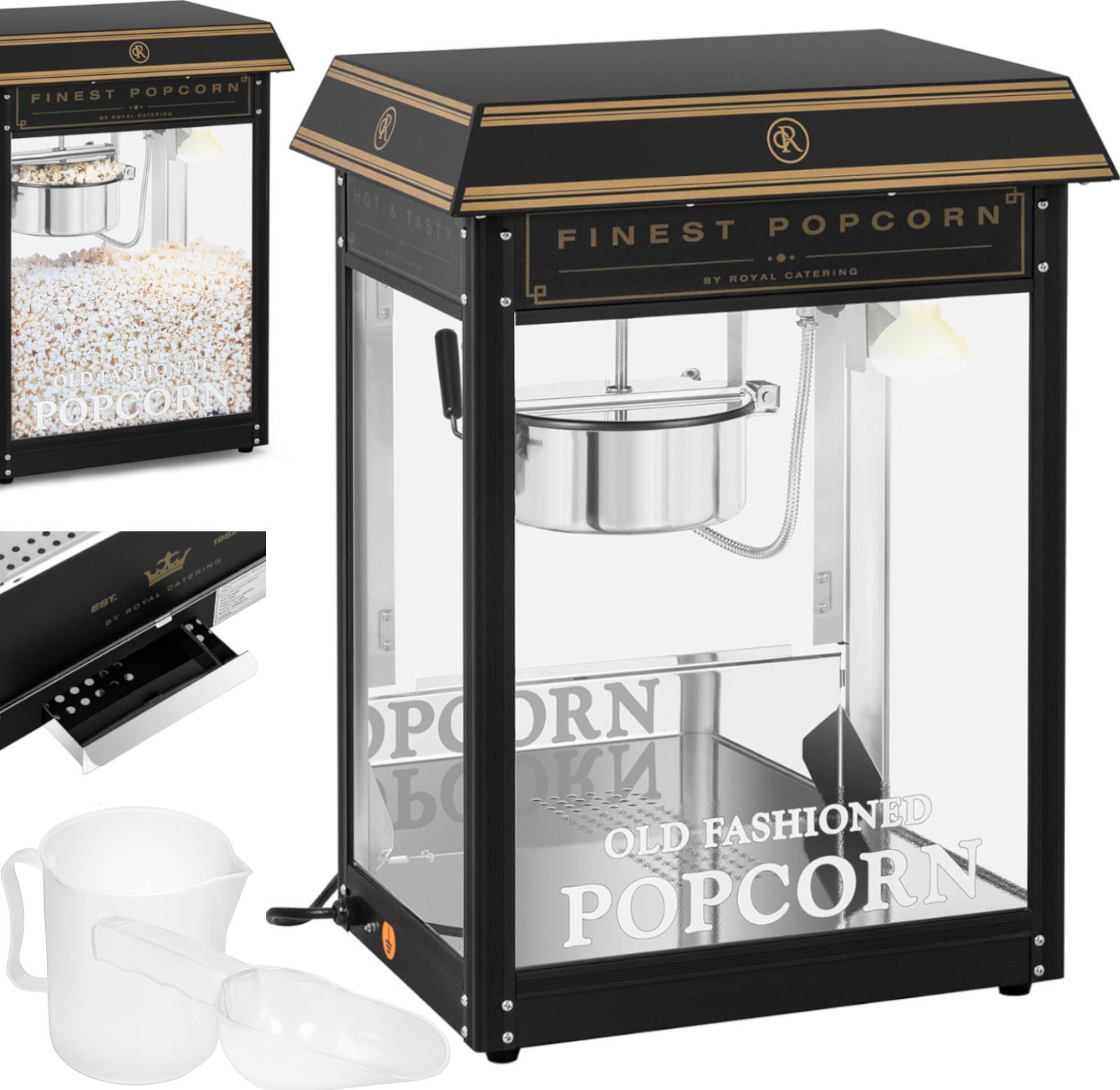 Royal Catering Maszyna automat urządzenie do prażenia popcornu retro TEFLON 1600 W 5-6 kg/h - czarno-złota Maszyna automat urządzenie do prażenia popc