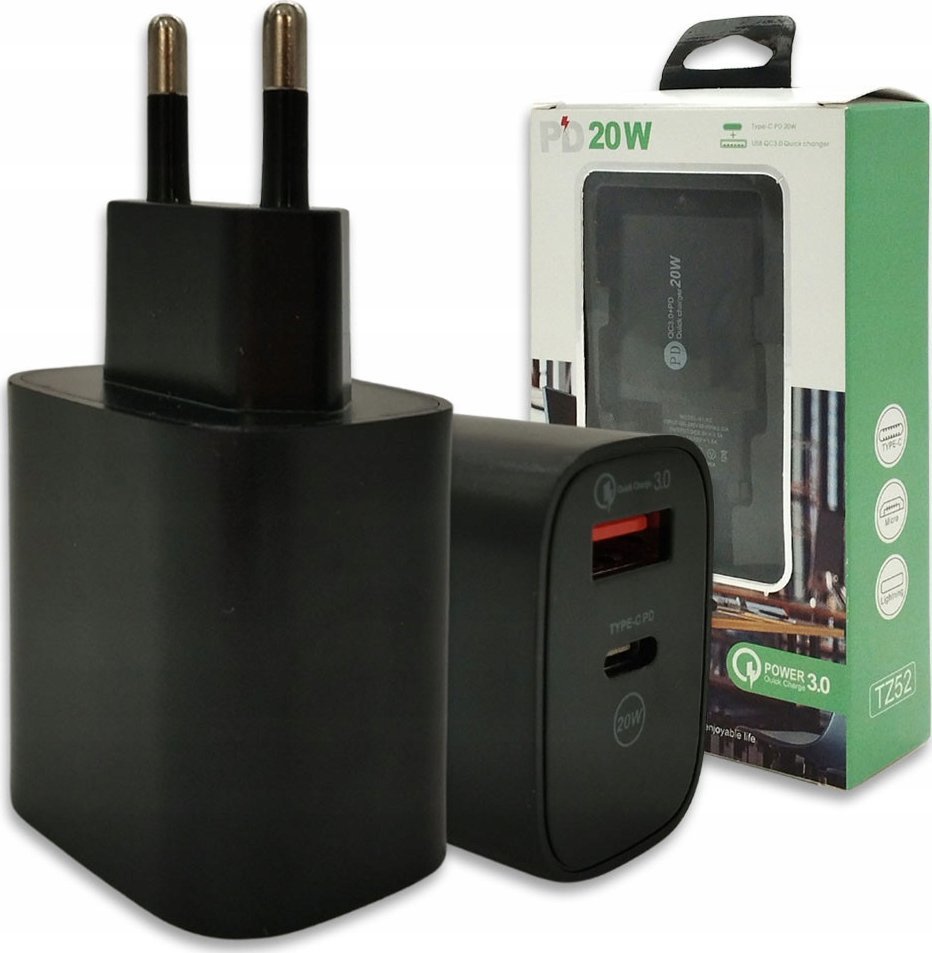 Ładowarka . DENMEN CZARNA ŁADOWARKA SIECIOWA USB + KABEL TYP-C DC09T-W