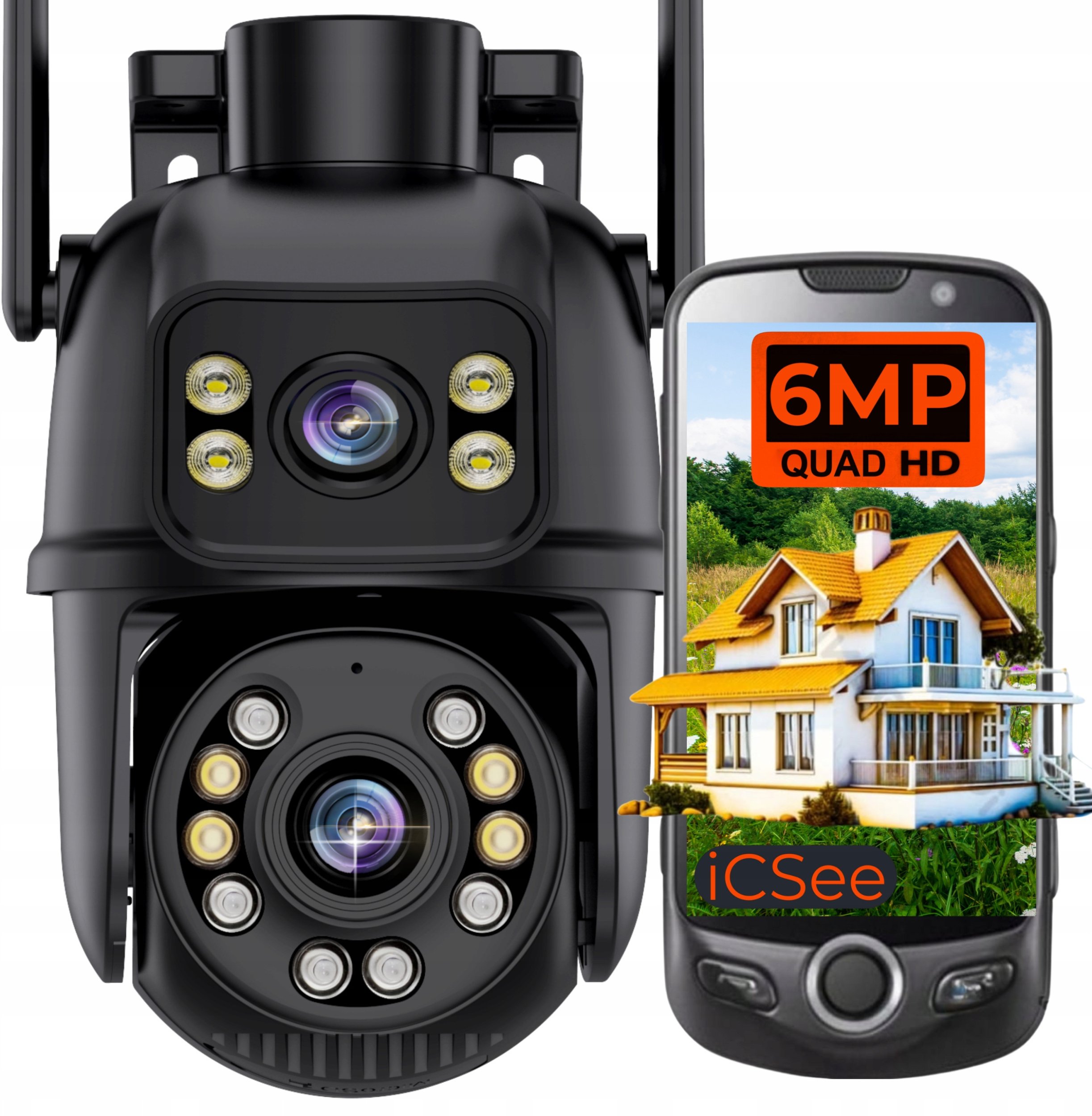 Podwójna Kamera WIFI Zewnętrzna Obrotowa 6MP Doświetlenie Detekcja AI AUDIO