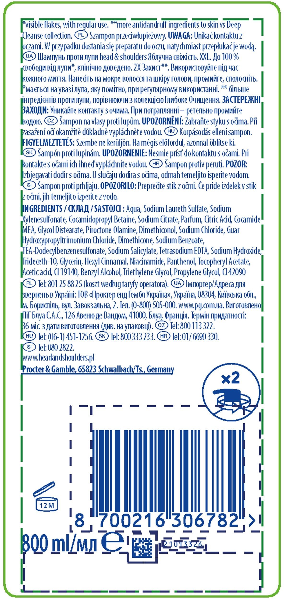 Plaukų šampūnas Head&Shoulders Apple Fresh, 800 ml